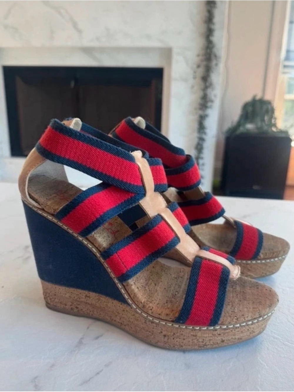 Navy Red Wedge Sandals Cork Platform Nautical Preppy Summer wedges 8.5